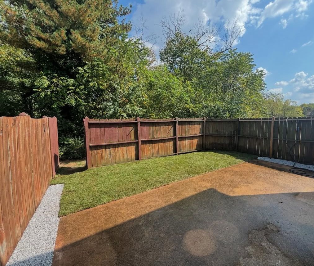 A backyard with a wooden fence and a lush green lawn.