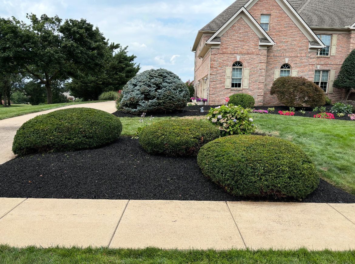 A large brick house with a lush green lawn and bushes in front of it.