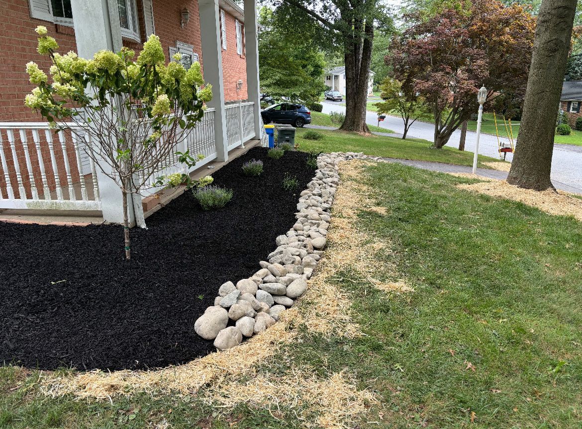 A lawn with a tree and rocks in front of a house.