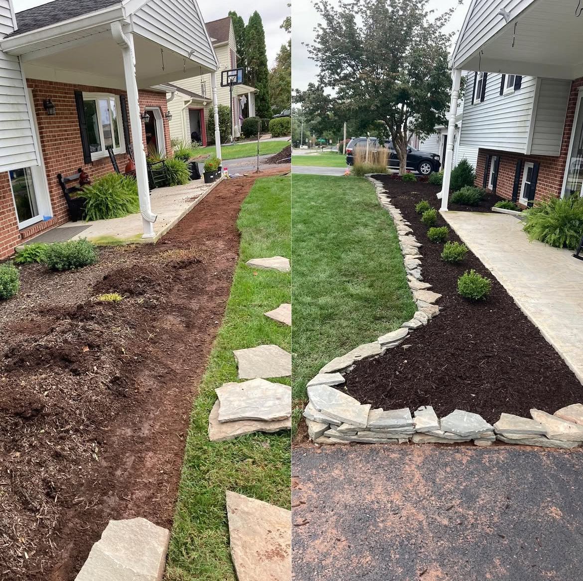 A before and after picture of a lawn with a house in the background.