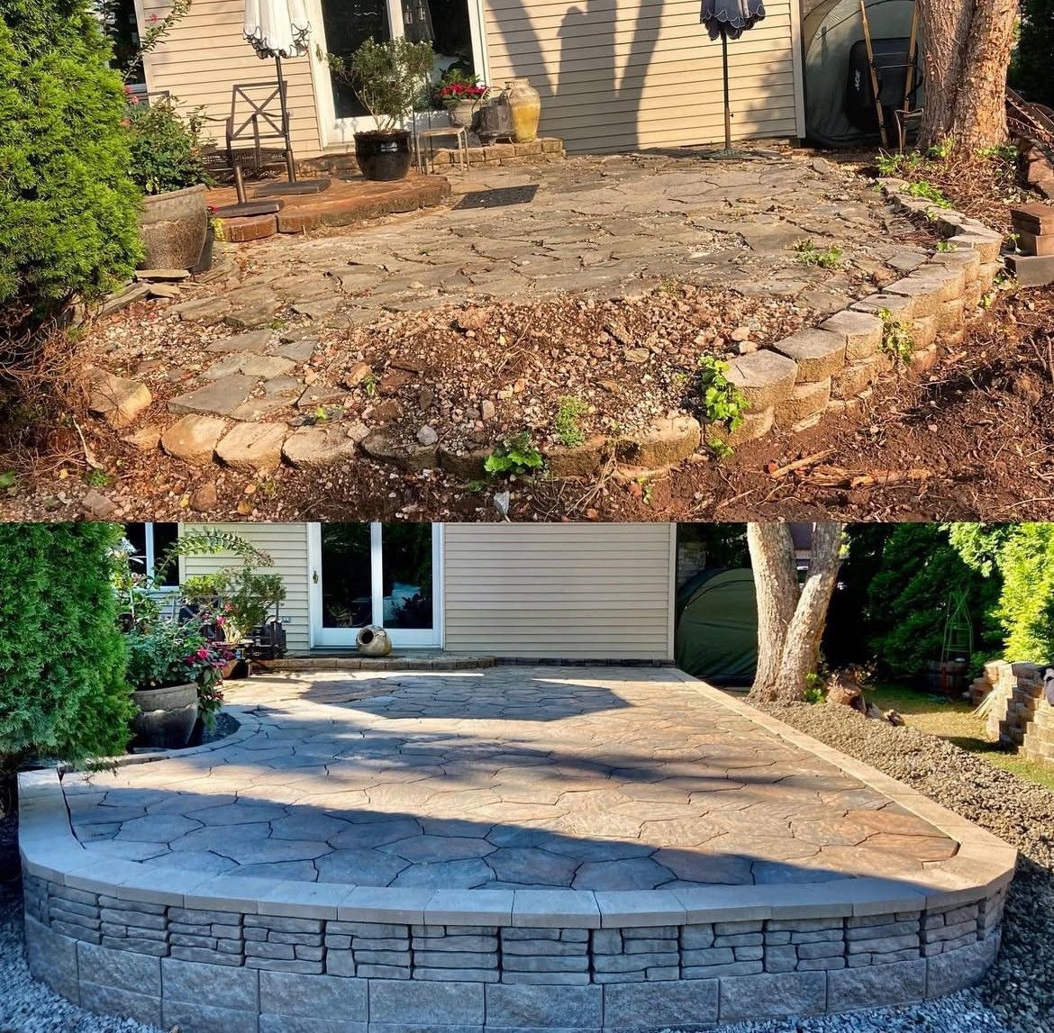 There is a before and after picture of a patio.