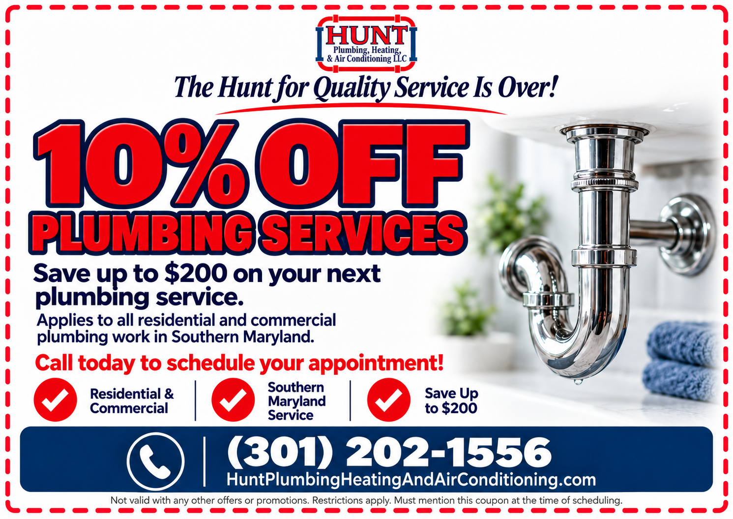 10% off plumbing services ad with silver pipes, red text, and contact number 301-202-1556