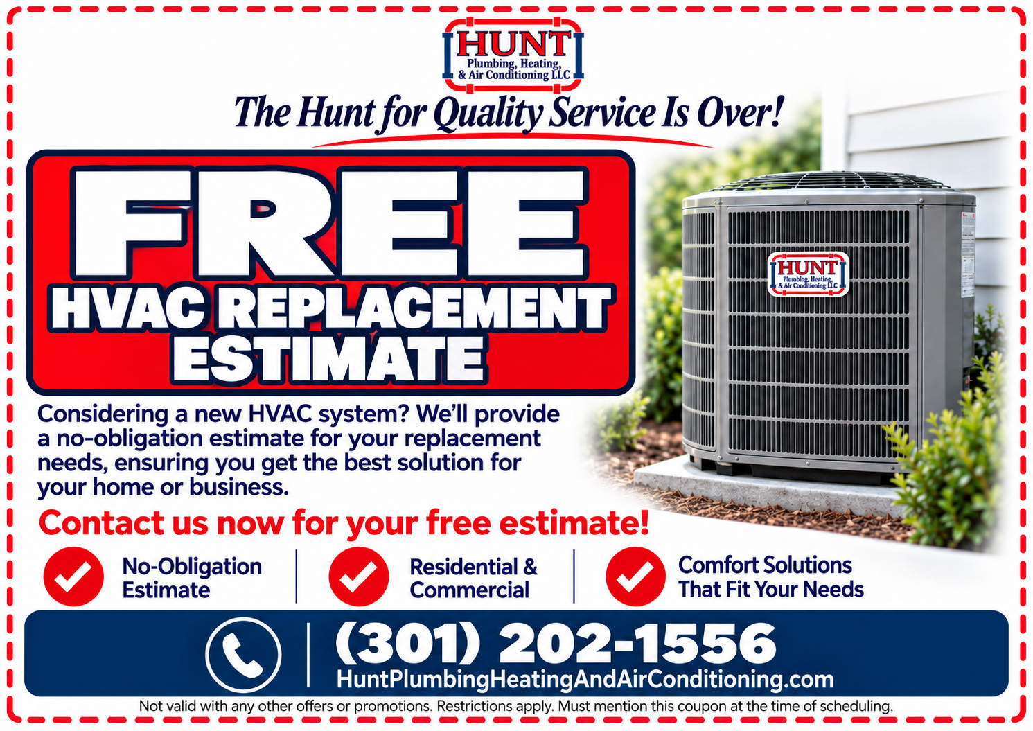 Hunt Plumbing & Heating ad for free HVAC replacement estimates, with furnace and bold red-and-white text