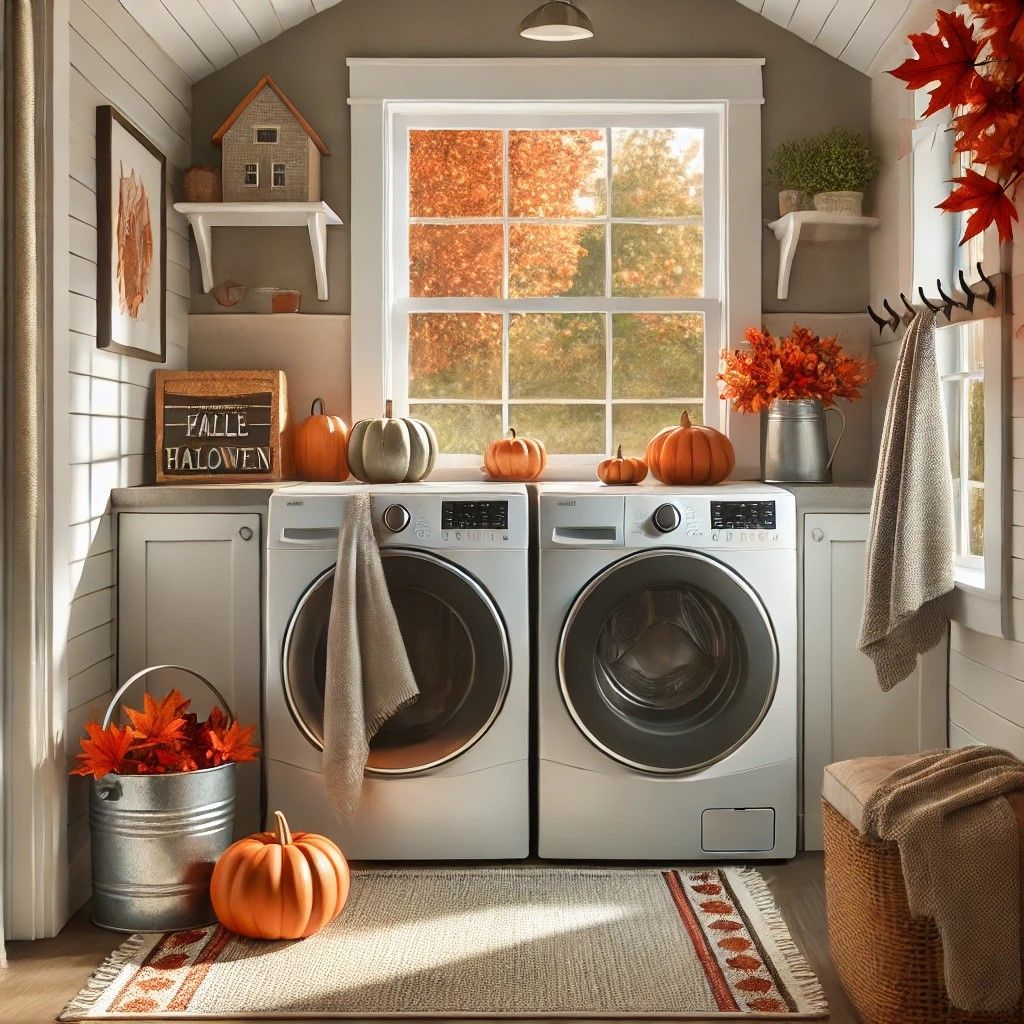 Suburban laundry room with fall decor, a washer and dryer, pumpkin, autumn leaves, and natural light