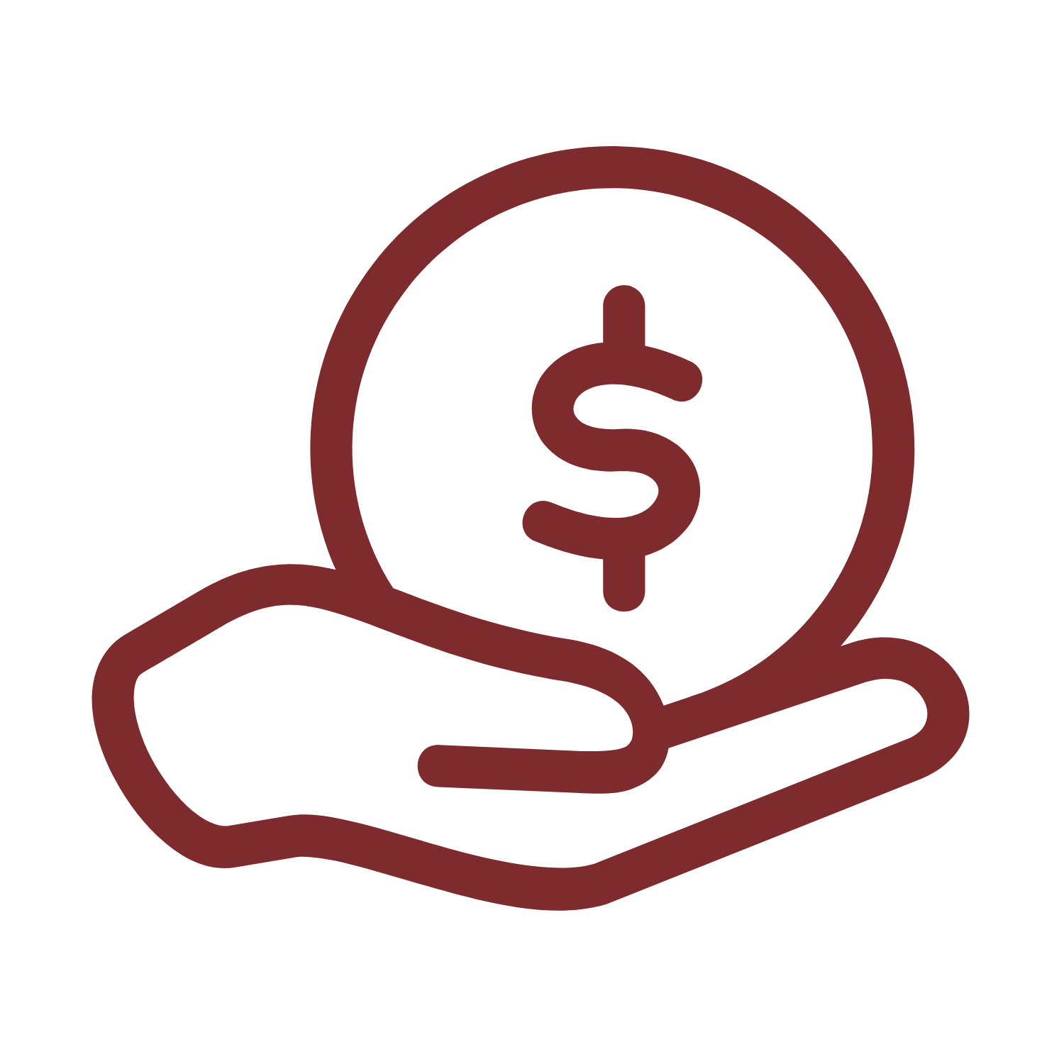 A hand is holding a coin with a dollar sign on it.