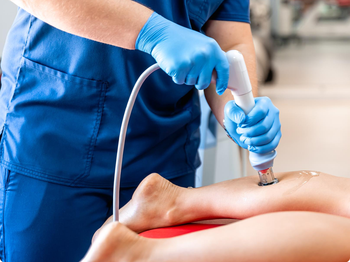 A nurse is using a machine on a patient 's leg.