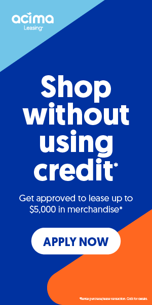 Advertisement for Acima offering to lease merchandise without credit. Text on a blue and orange background.