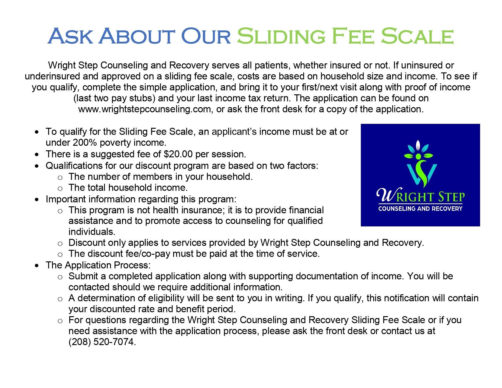 Flyer about a sliding fee scale for dental care, with blue-green title and clinic logo.