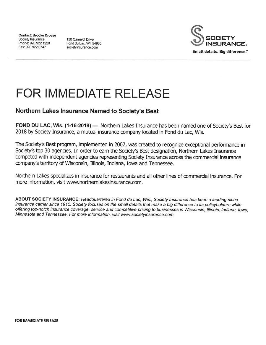 Northern Lakes Insurance Named Society's Best in 2018!