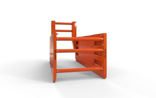 An orange ladder is sitting on a white surface.