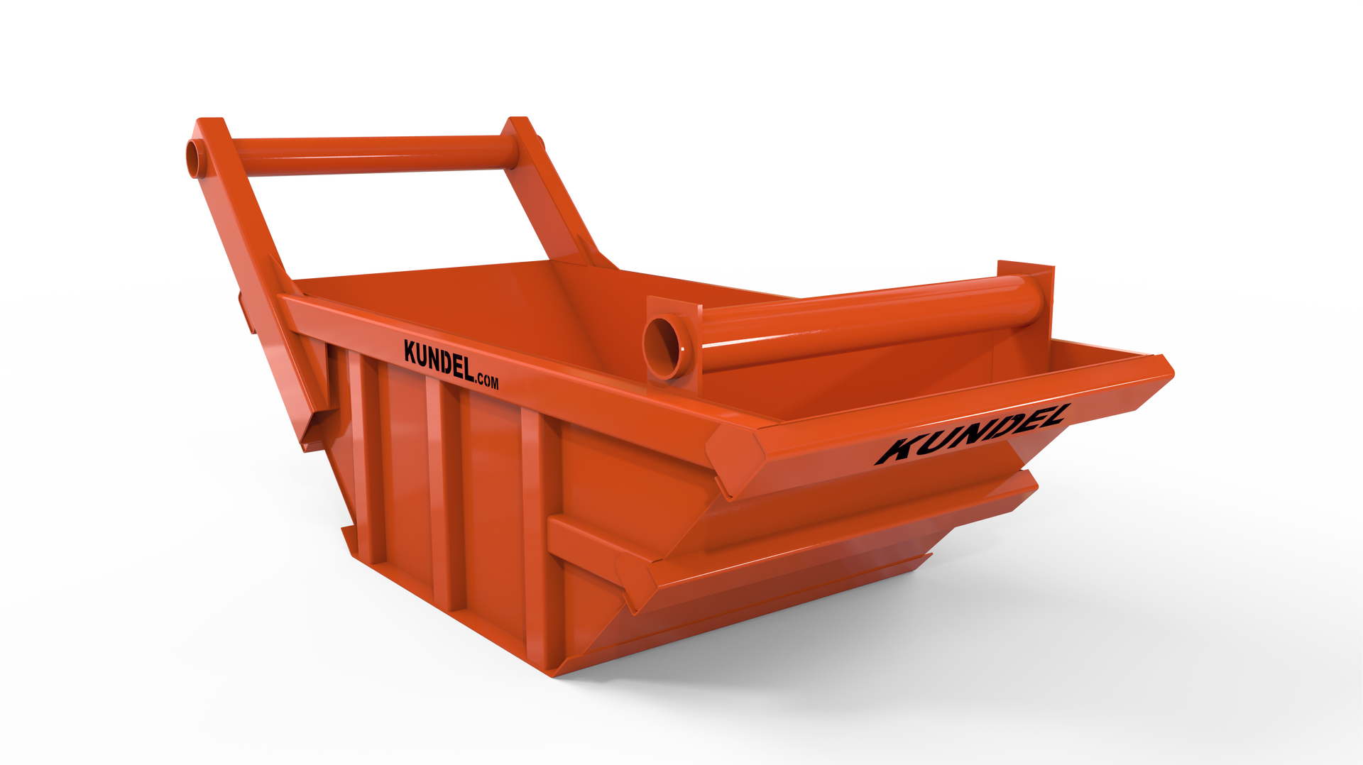 An orange dumpster with a handle on a white background.