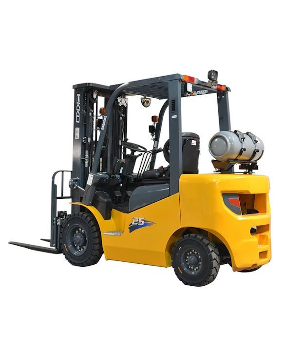 Yellow forklift with black mast and gas tanks on the back, shown on a white background