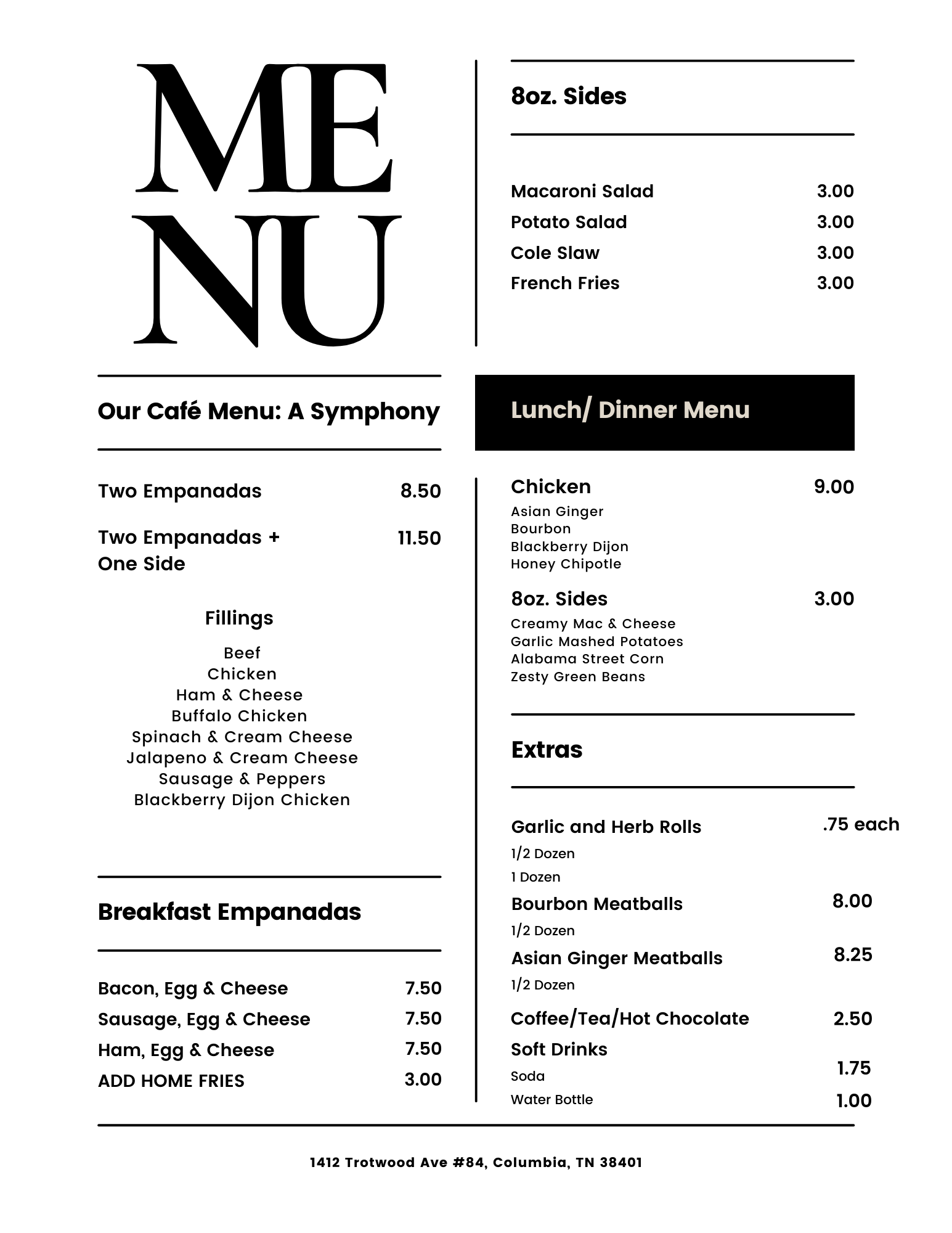 EJ 2Step Caterers and Cafe Menu