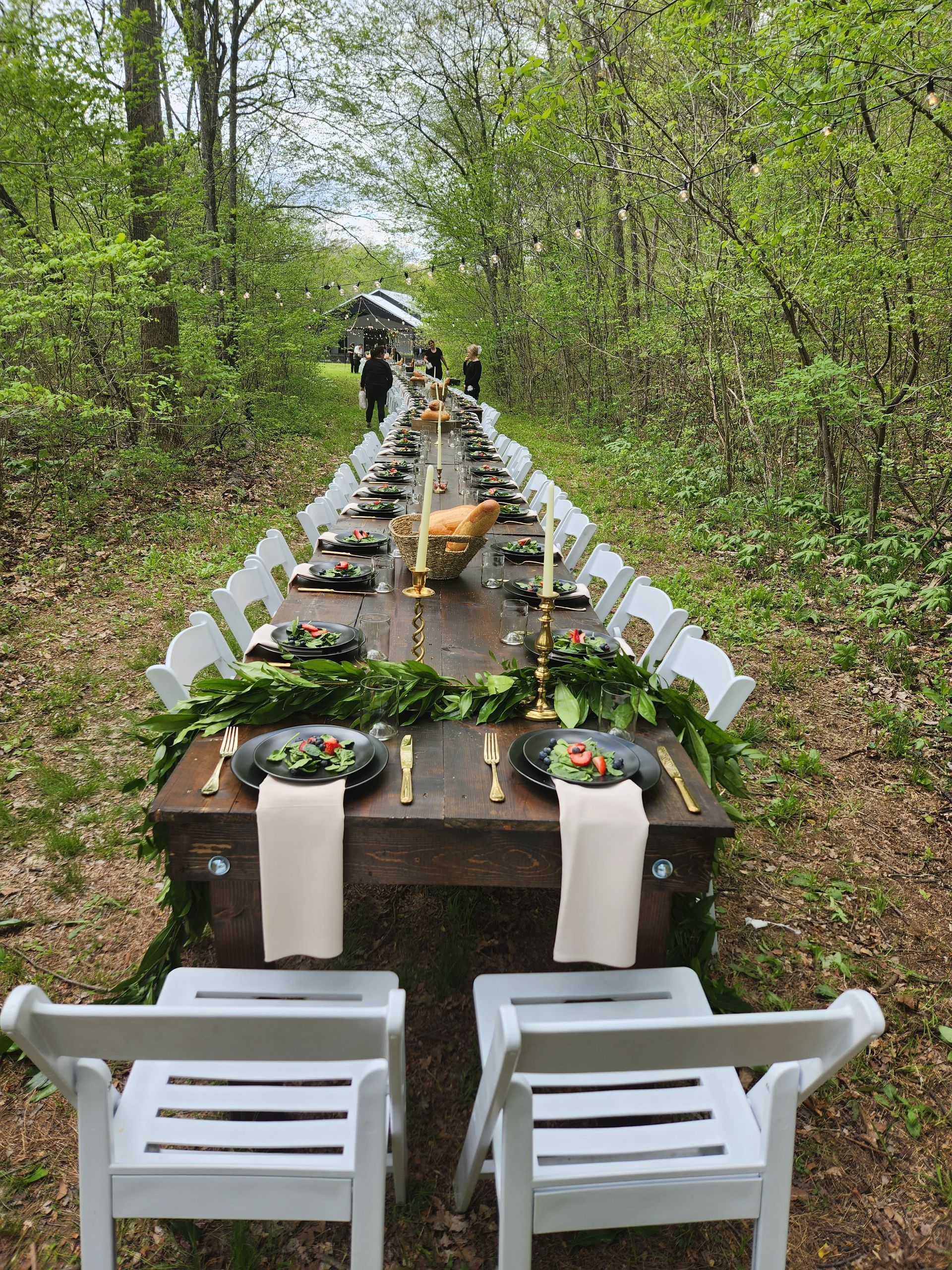A long wooden table is sitting in the middle of a forest