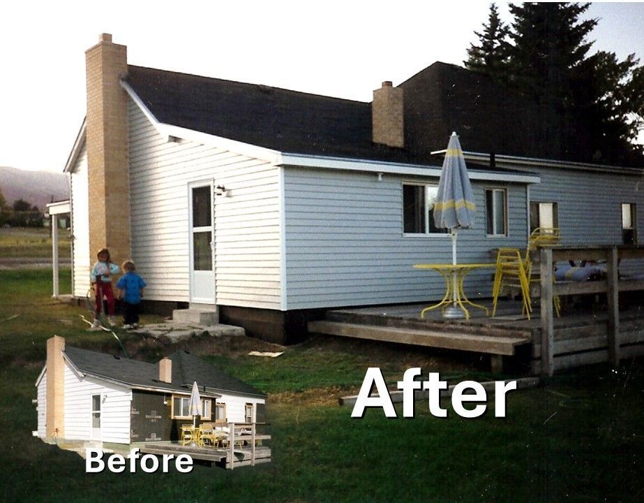 Before and after comparison of a home exterior renovation featuring new light-colored horizontal siding.