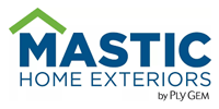 Logo for Mastic Home Exteriors by Ply Gem: Blue text with green house icon above.
