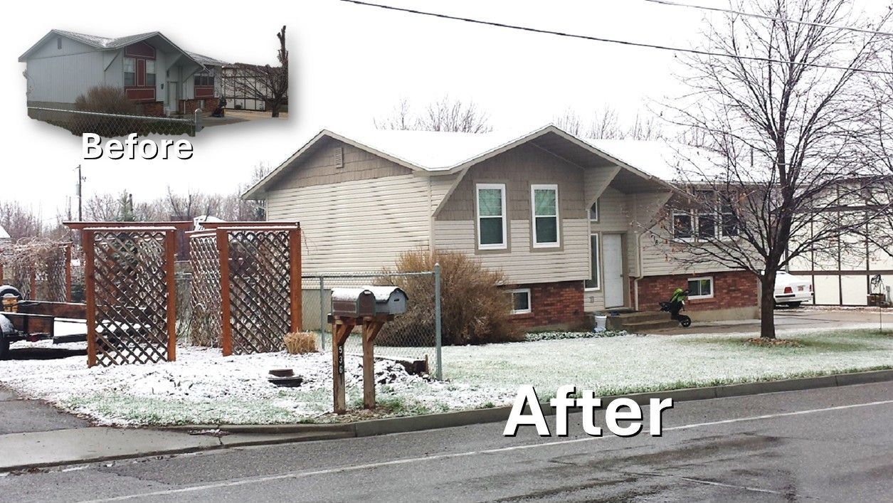Before and after photos of a residential house showing exterior siding and landscaping updates.