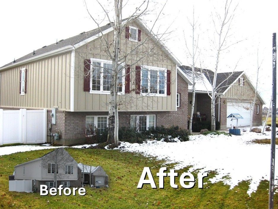 A split-level home before and after renovation, showing a transition from dark exterior colors to light beige siding.