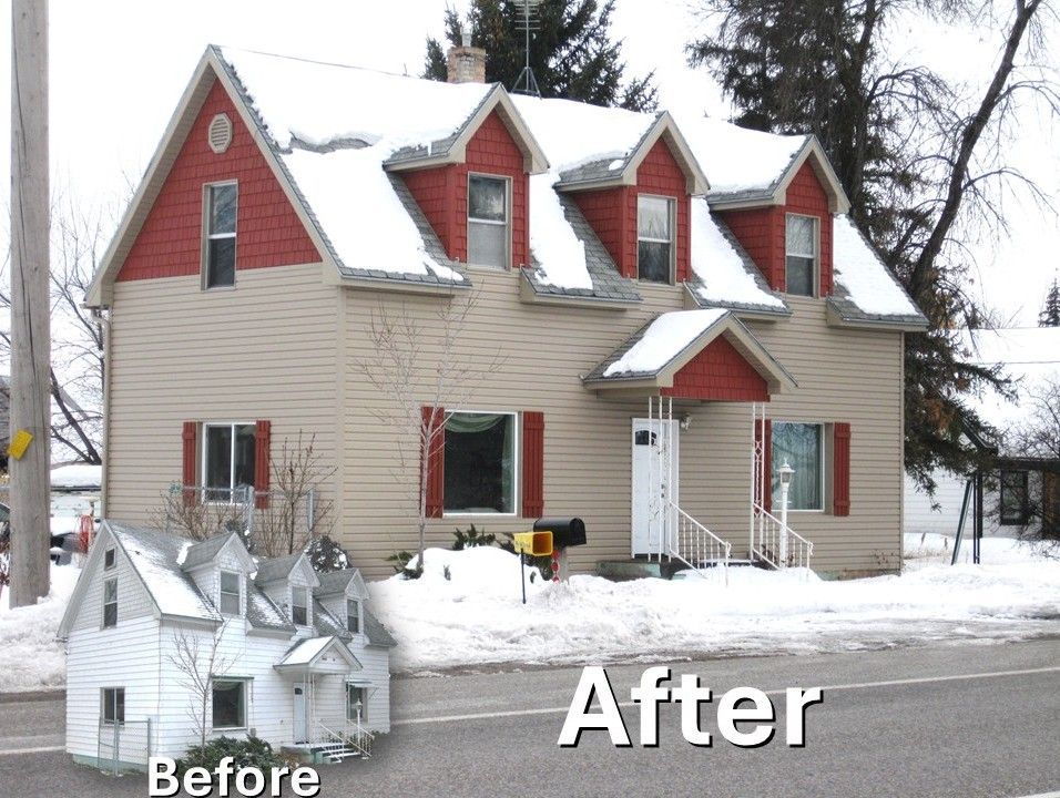 A composite photo comparing a white house before renovation with the same house updated with beige siding and red trim.
