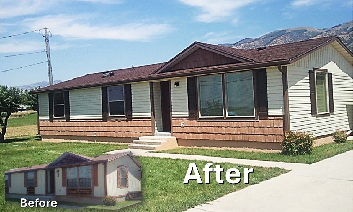 A split-screen comparison showing a mobile home's exterior before and after renovation, featuring new siding and roof.