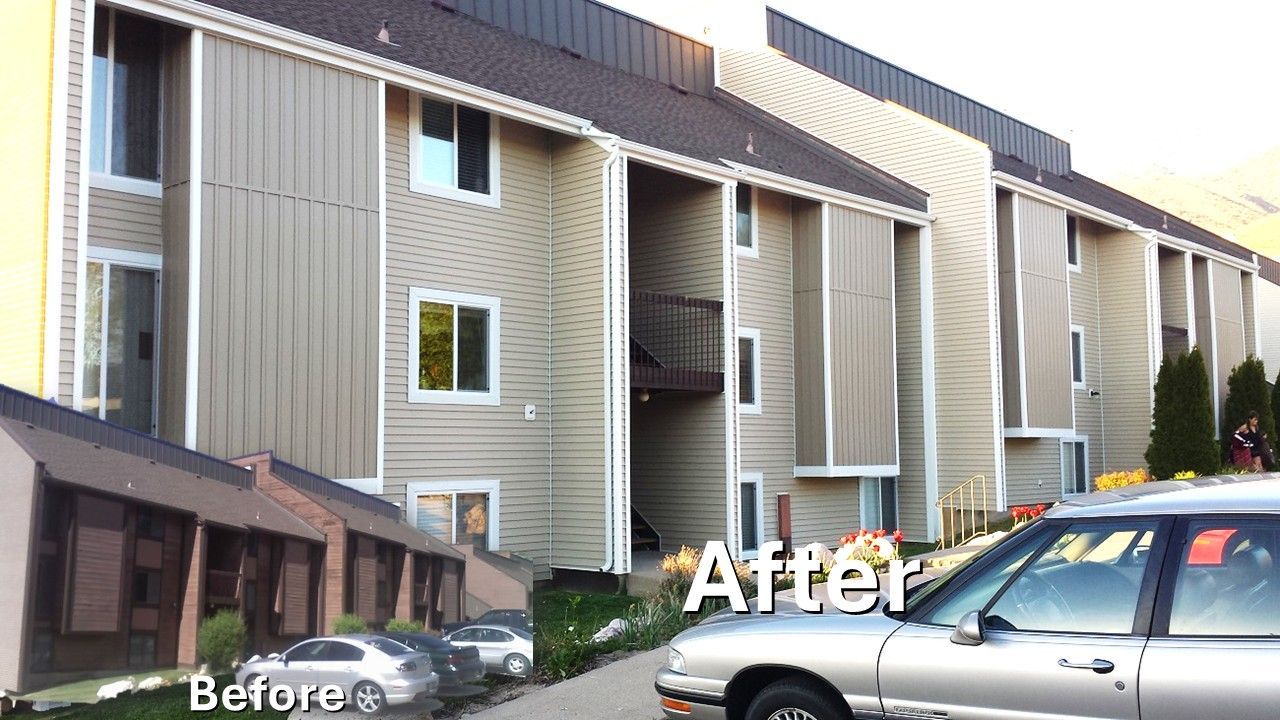 A comparison shot showing a multi-story apartment building before and after exterior renovation.