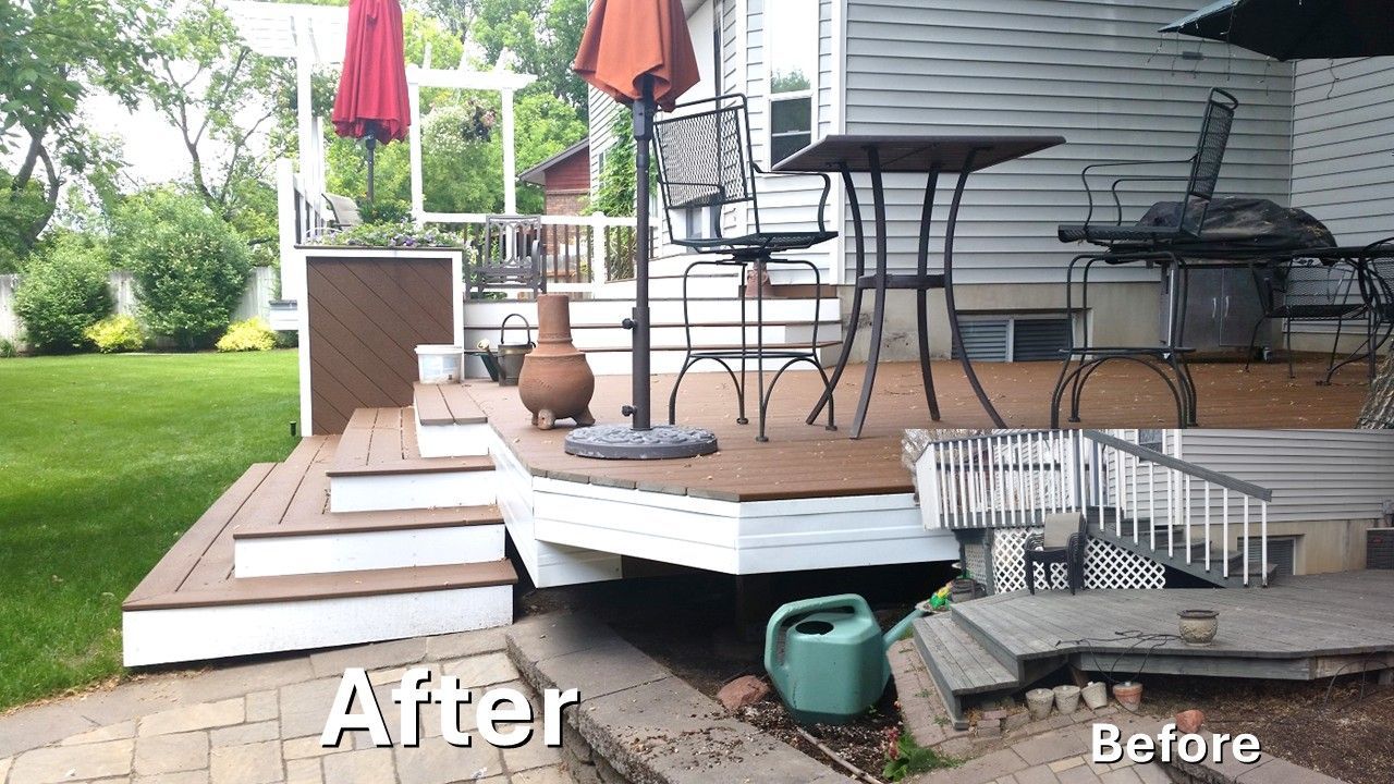 A side-by-side comparison of a backyard deck, showing the renovated, modernized deck on the left and the old one on the right.