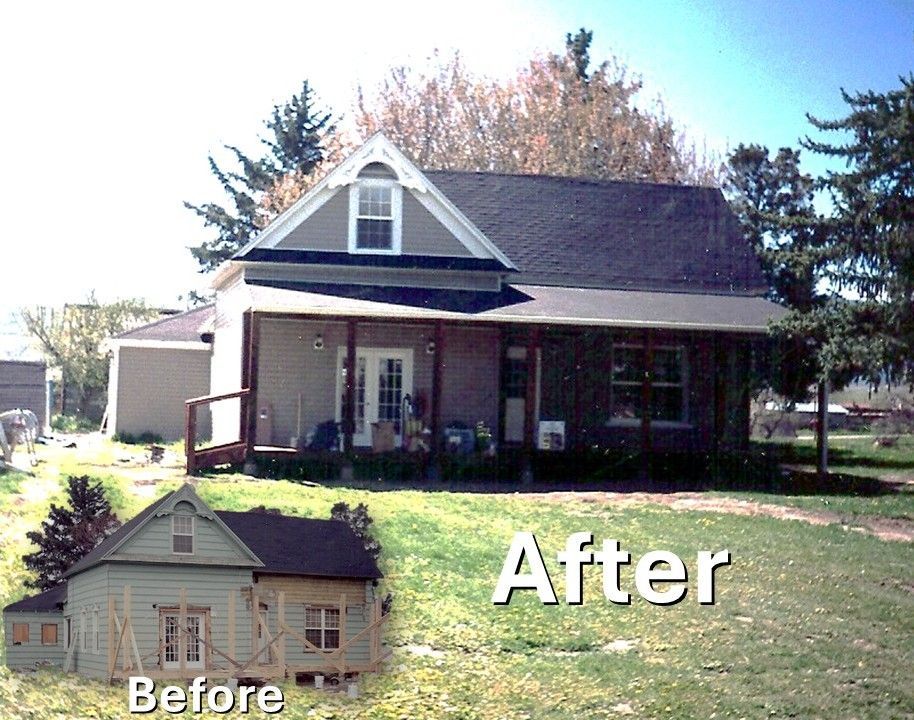 A side-by-side comparison of a house exterior renovation, showing the unfinished construction before and the completed work.