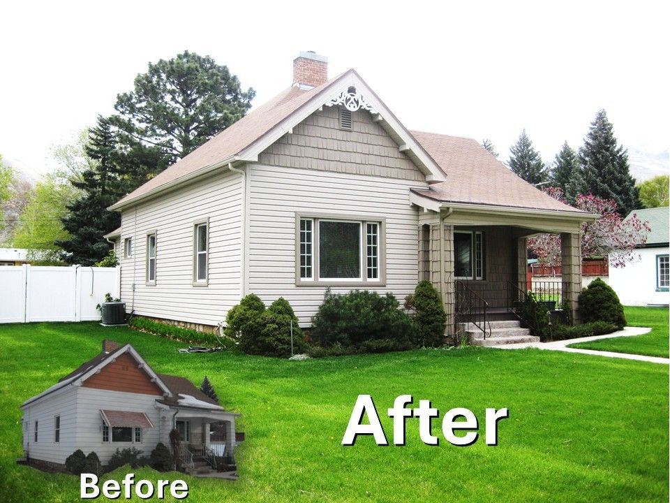 Before and after photo of a house renovation, showing an old, weathered home transformed into a tidy, updated structure.