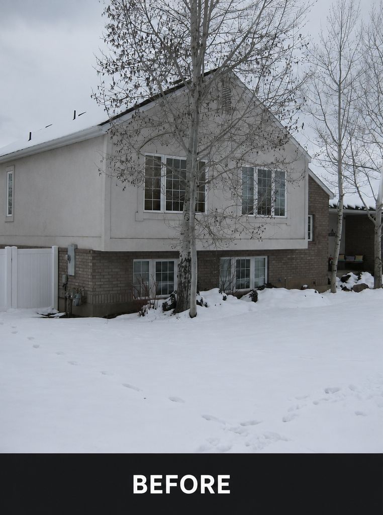 Snow-covered suburban house with beige siding and leafless trees in front