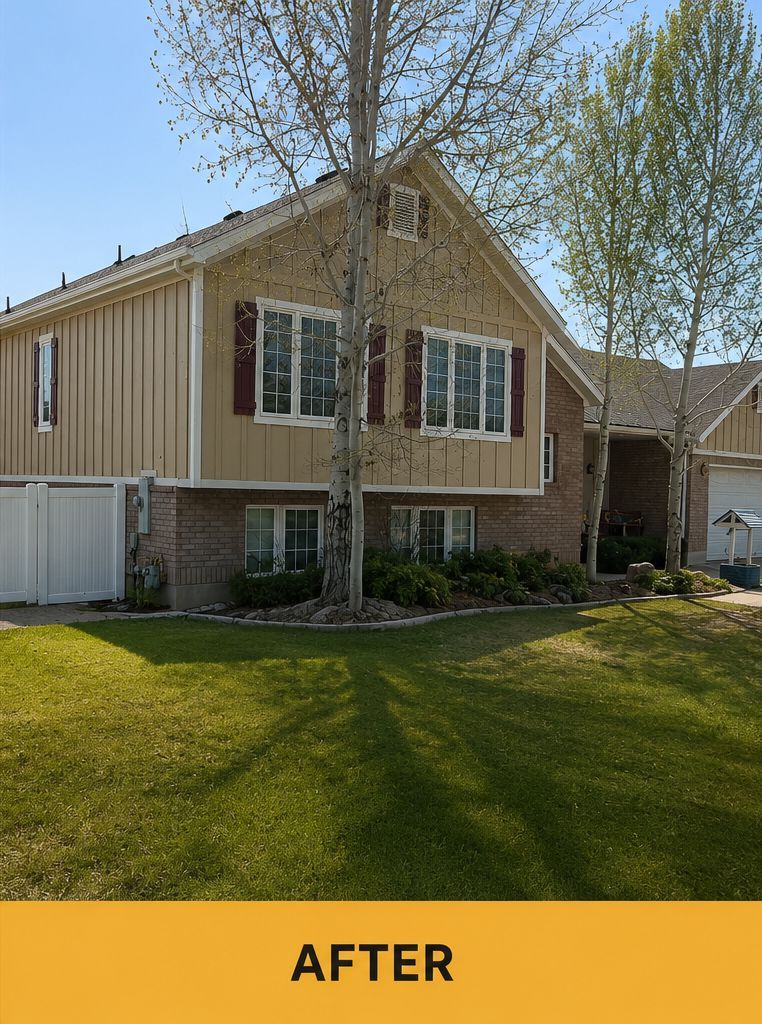 Suburban house exterior with tan siding, brick lower level, white windows, and a green lawn in front