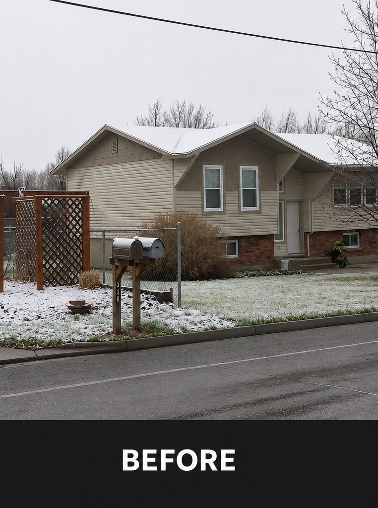 Snow-dusted suburban house with tan siding, brick accents, and a driveway beside a wet street.