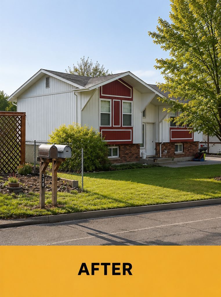 Suburban house with white and red siding, green lawn, and mailbox under a sunny sky