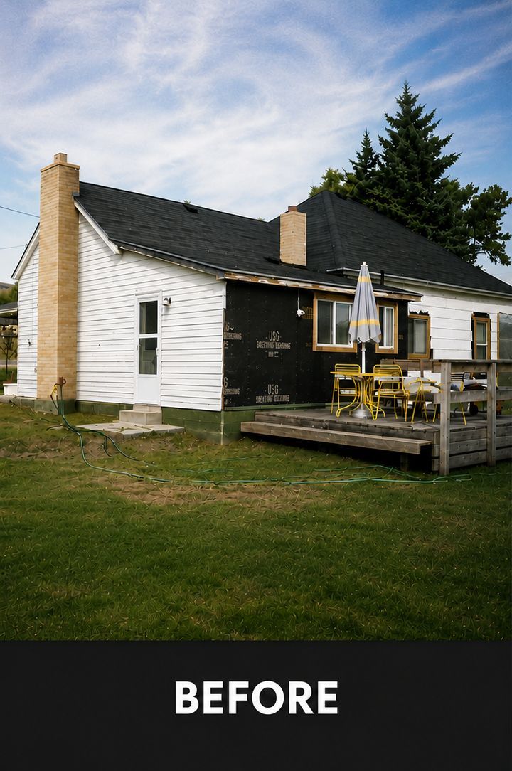 Small white house with dark roof and wooden deck