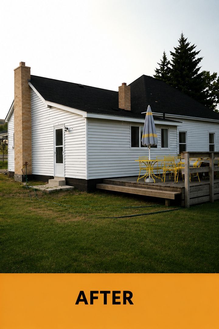 Small white house with black roof and deck