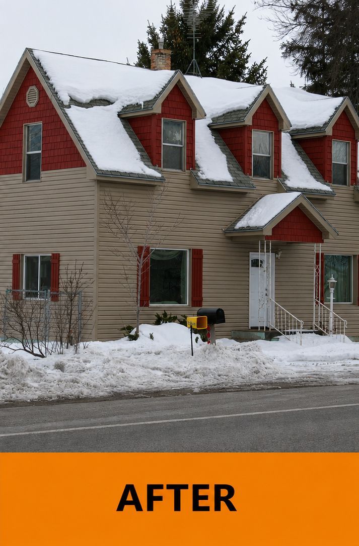 Snow-covered house with red dormers and beige siding