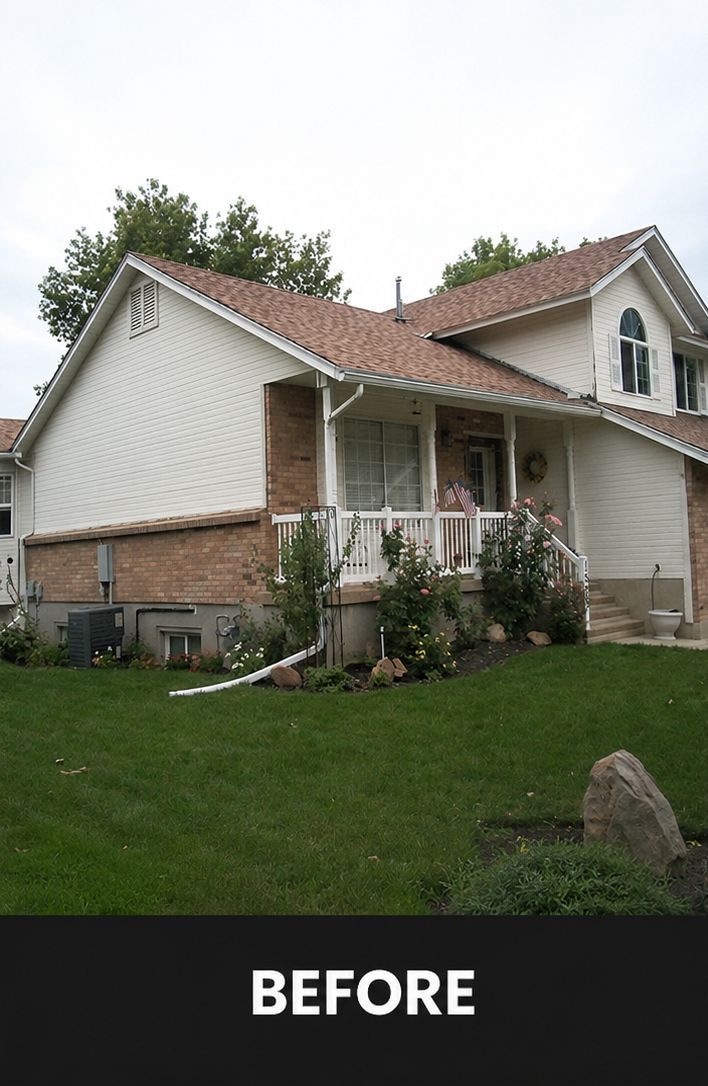 White house with brick lower level, front porch, and green lawn