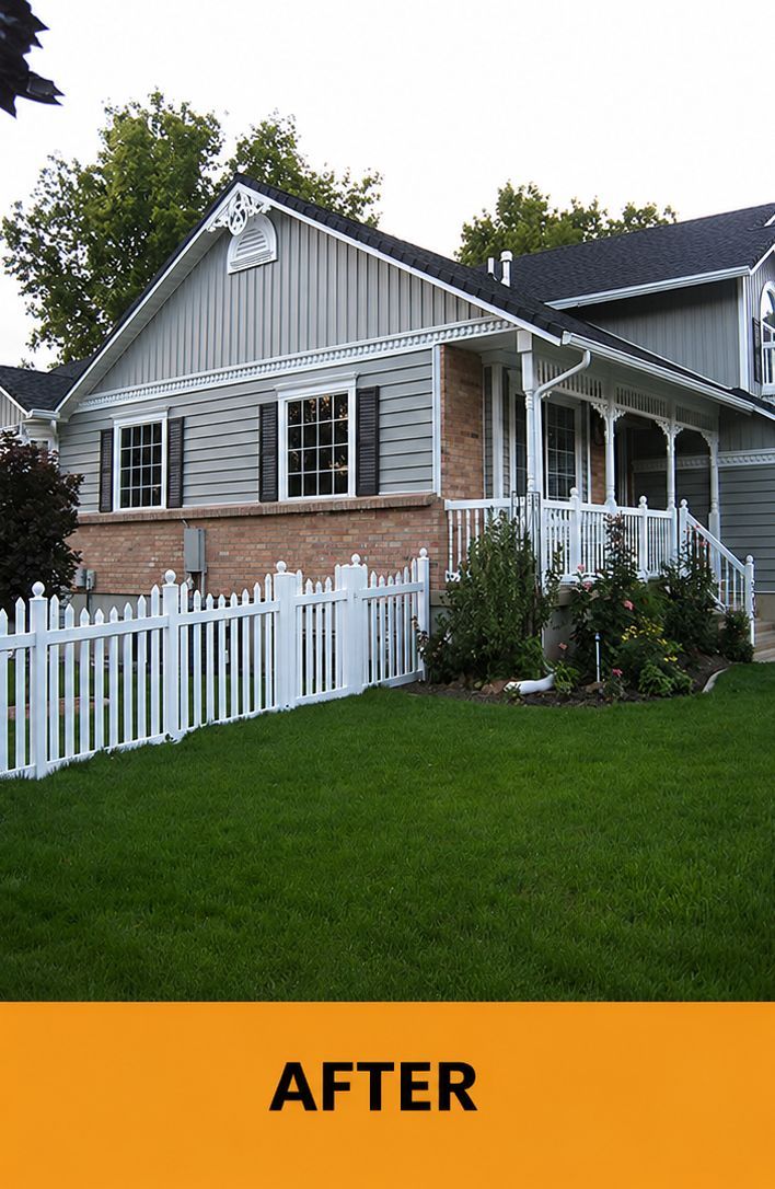 Renovated house exterior with white trim, brick lower walls, and white picket fence