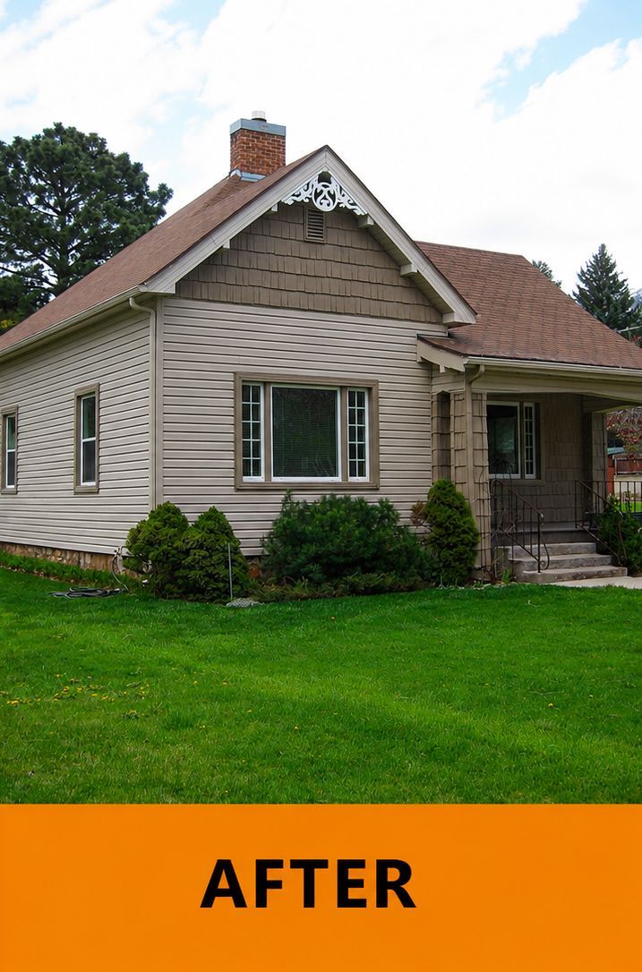 Small beige house with white trim, red roof, and green lawn