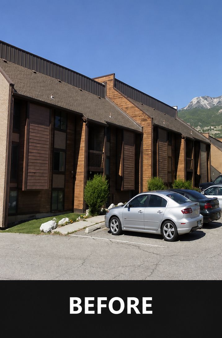 Row of brown brick townhouses with parked cars in front under a blue sky