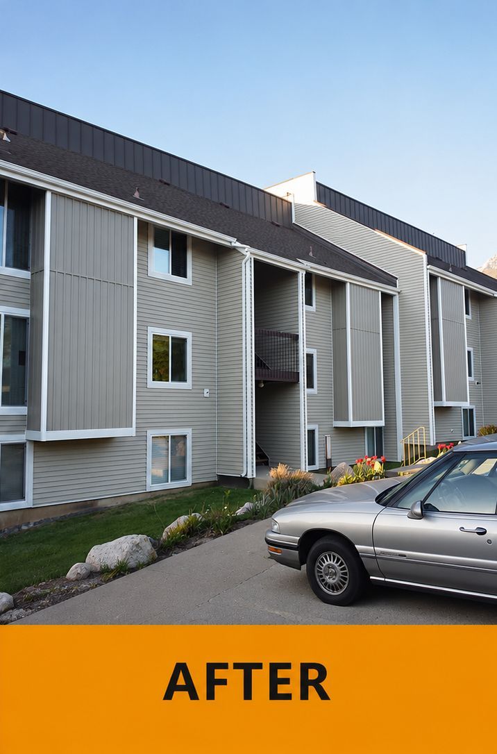 Apartment building exterior after renovation with gray siding and a parked car in front