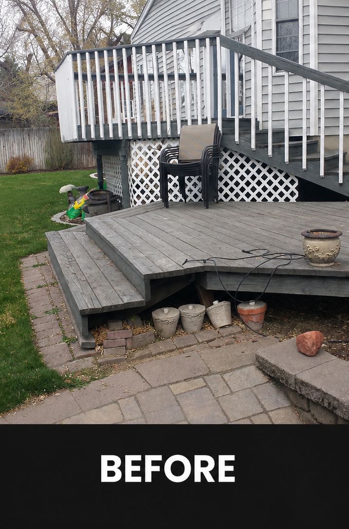 Damaged wooden porch steps with broken supports beside a house