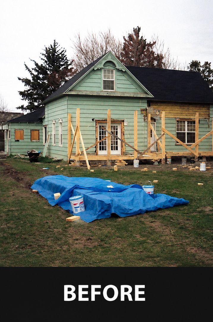 Dilapidated house under renovation with blue tarp