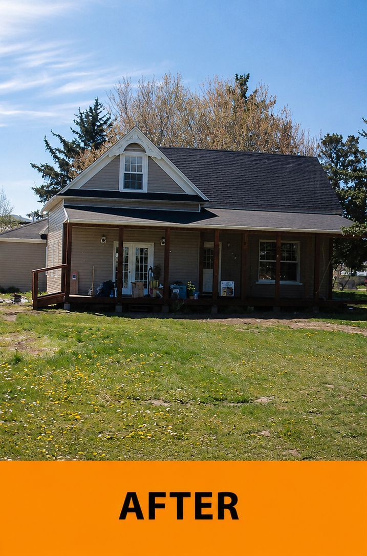 Small brick house with front porch and gabled roof, shown in daylight
