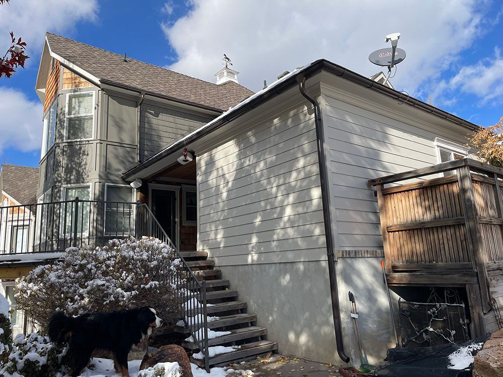 A house with white and gray siding and steps leading to a side entrance on a sunny, snowy day, with a dog in the yard.