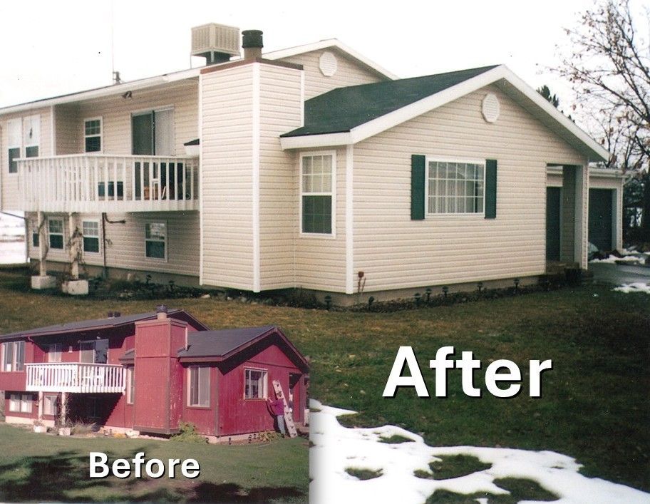 A split-image comparing the before and after view of a house renovation with new siding and exterior updates.