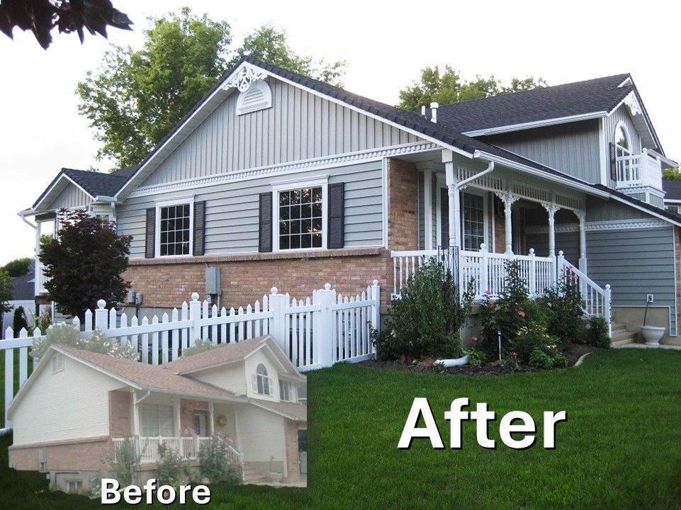 Before-and-after of a house exterior renovation, showing a gray siding and white fence update.
