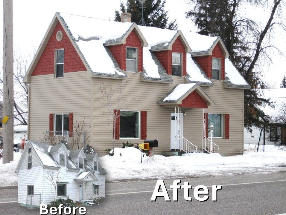 Before-and-after winter house exterior: renovated beige home with red trim and dormers, snow on the ground.