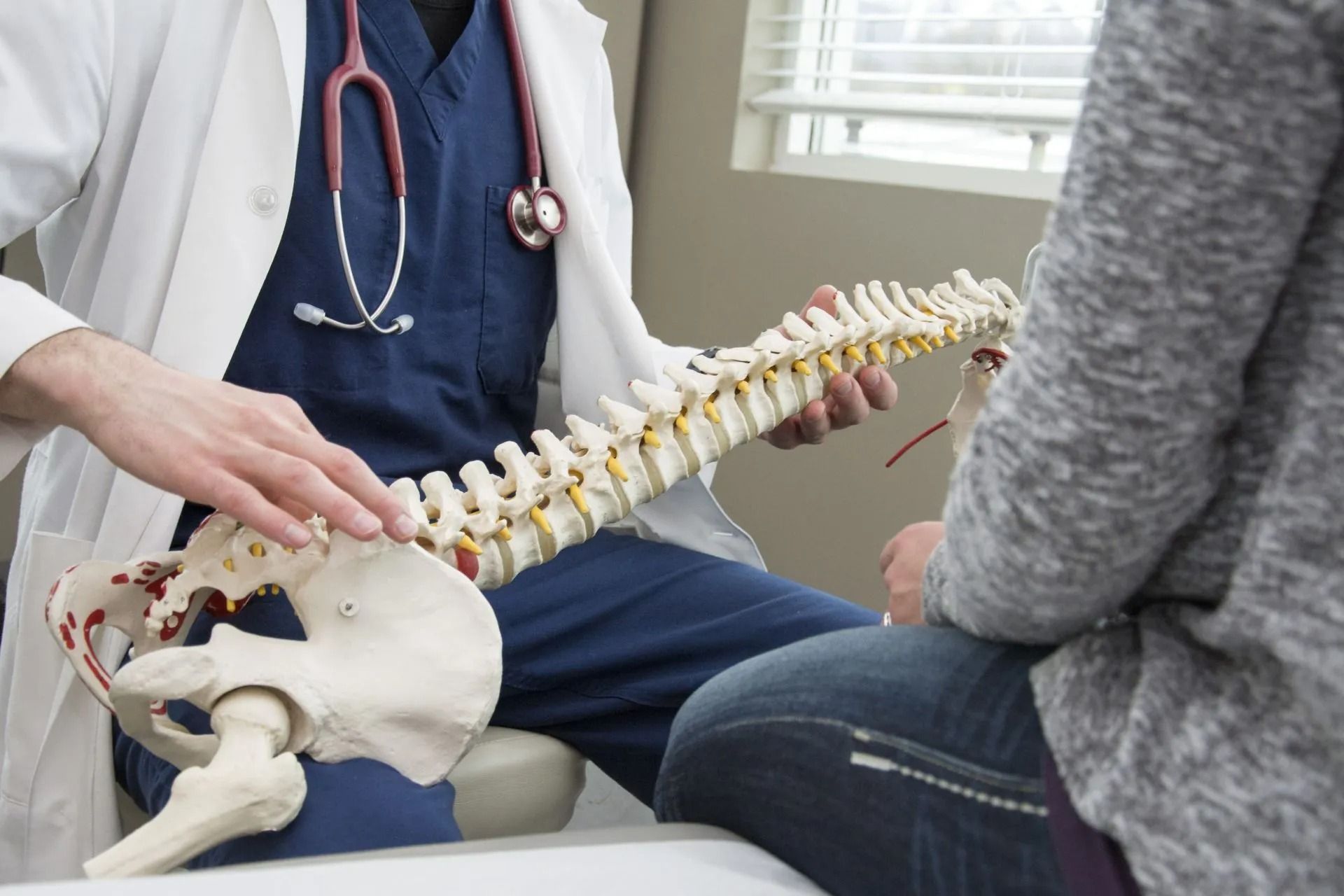 Doctor showing spine model to patient.