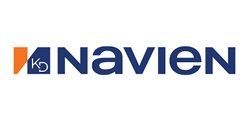 Logo of Navien, navy letters and orange and navy symbol on the left side.