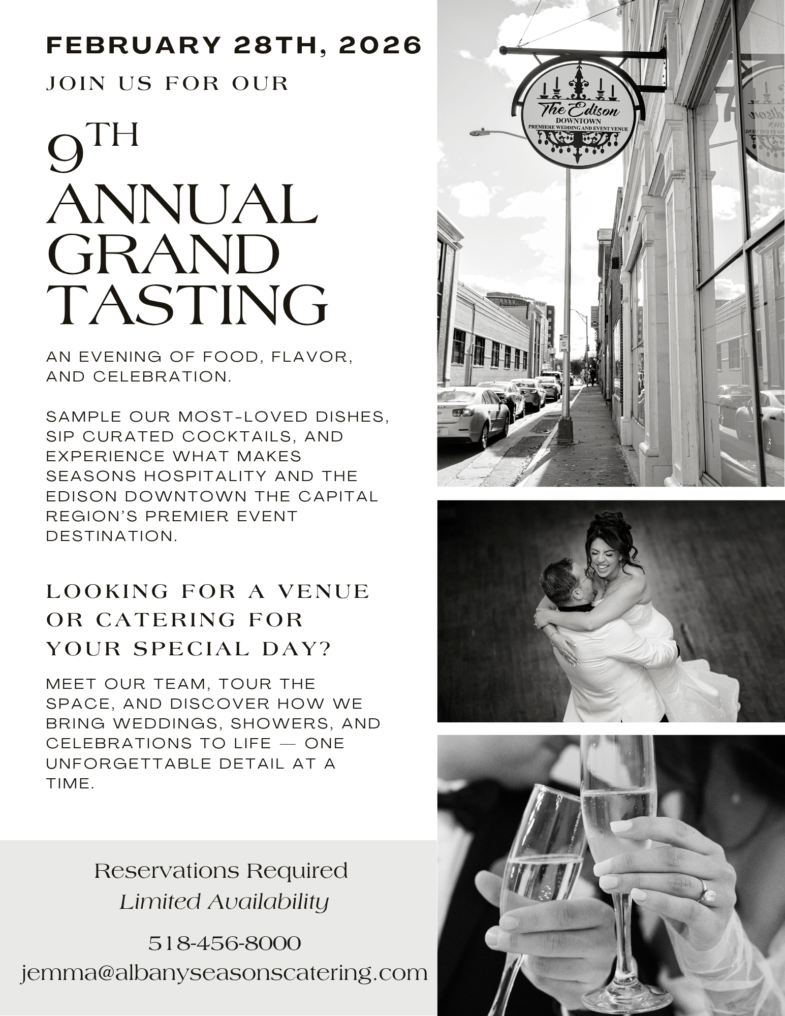 Poster for a Grand Tasting event, with a black and white photo of a street, a wedding couple, and a champagne toast.